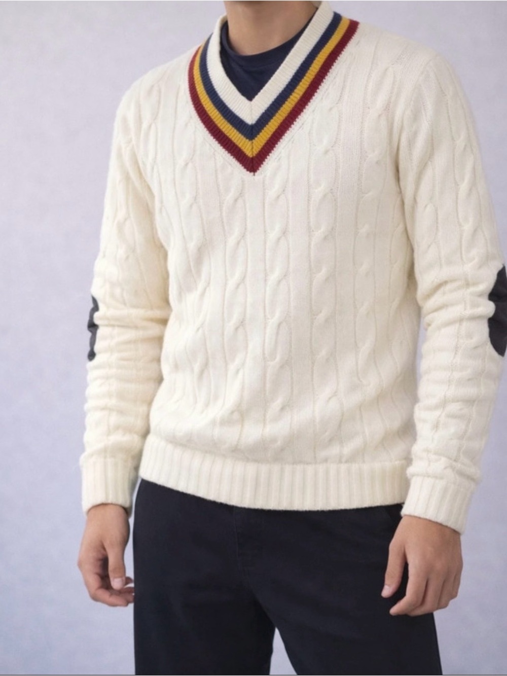 TH- like new Cream Cable-Knit V-Neck Sweater with Stripe Trim